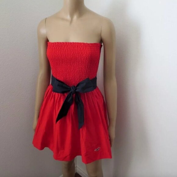 Hollister Womens Strapless Tube Top Dress Size Small Red & Navy Bow - Picture 3 of 8